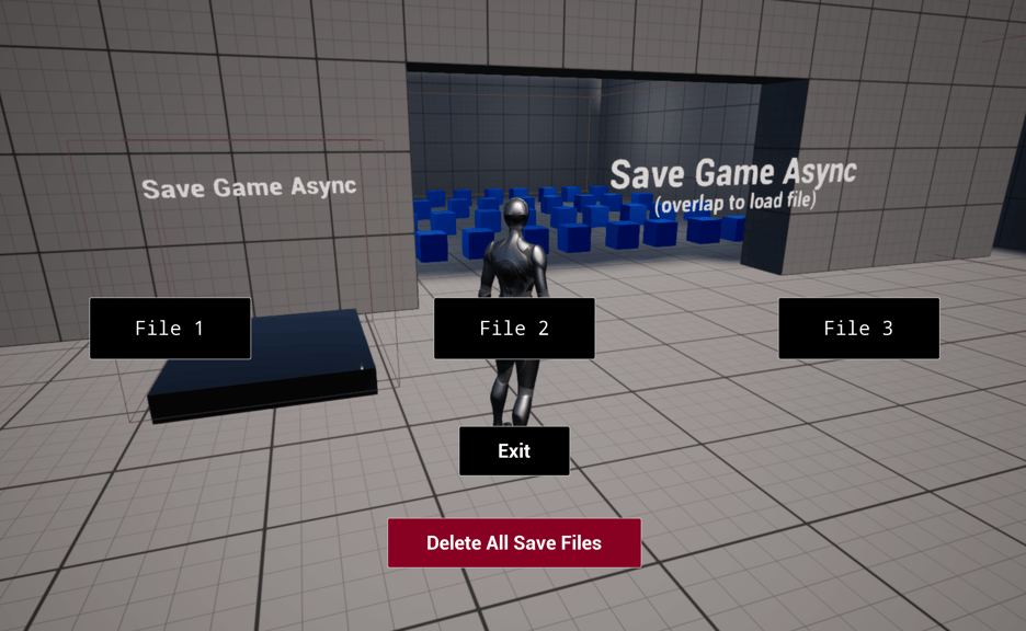 Unreal Engine 5 save game async menu on screen with standing in front of the save async gym area