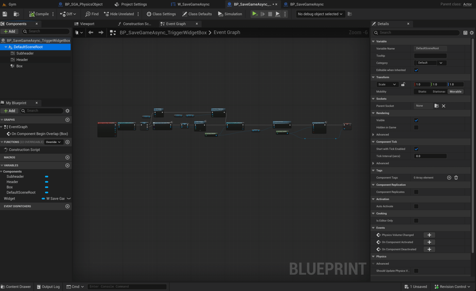 Unreal Engine 5 BP_SaveGameAsync_TriggerWidgetBox Event Graph showing the visual logic and components