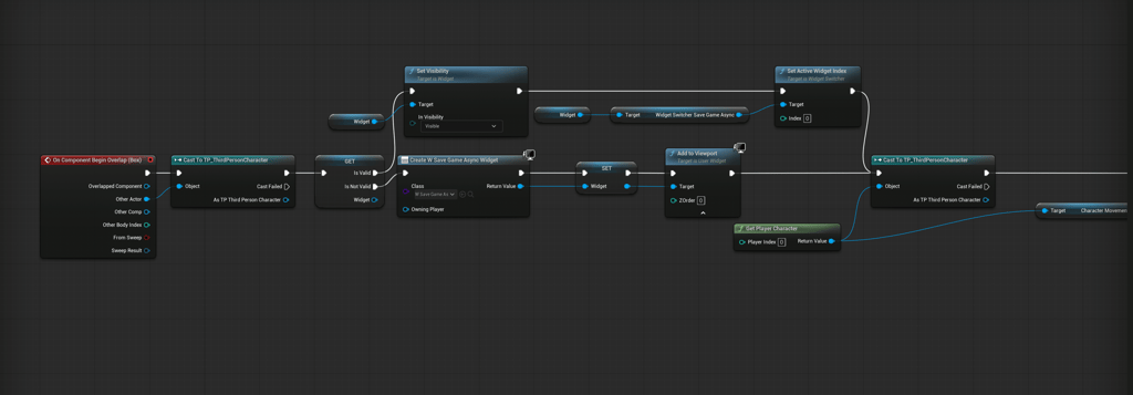 Unreal Engine 5 BP_SaveGameAsync_TriggerWidgetBox left half of the event graph