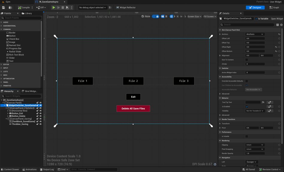 Unreal Engine 5 W_SaveGameAsync user widget showing three save file buttons, an exit button, and a delete button