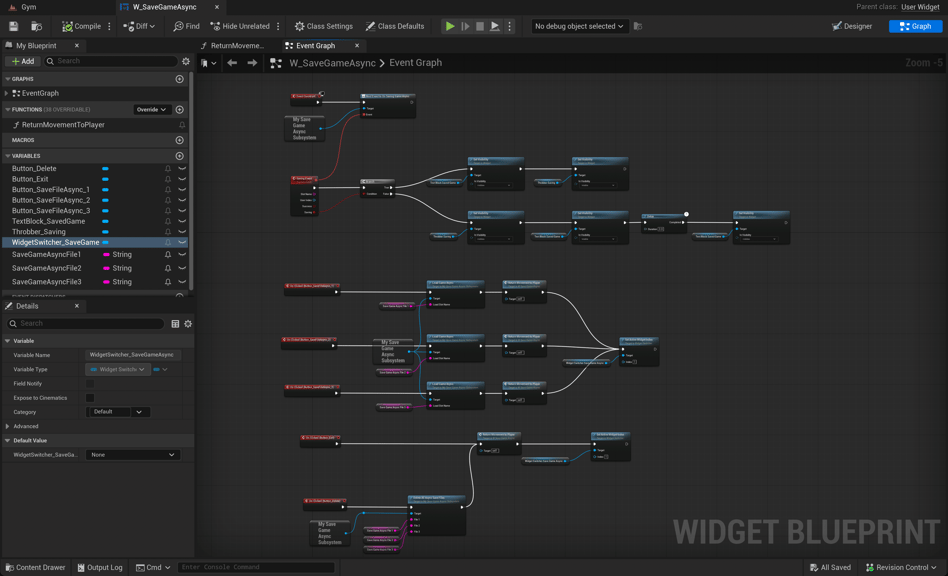 Unreal Engine 5 W_SaveGameAsync Blueprint graph showing visual save async logic