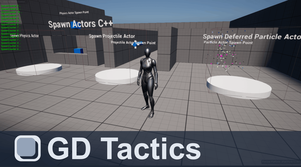 YouTube Thumbnail Unreal Engine 5 Quinn standing in front of the GD Tactics Gym Spawn Actors section