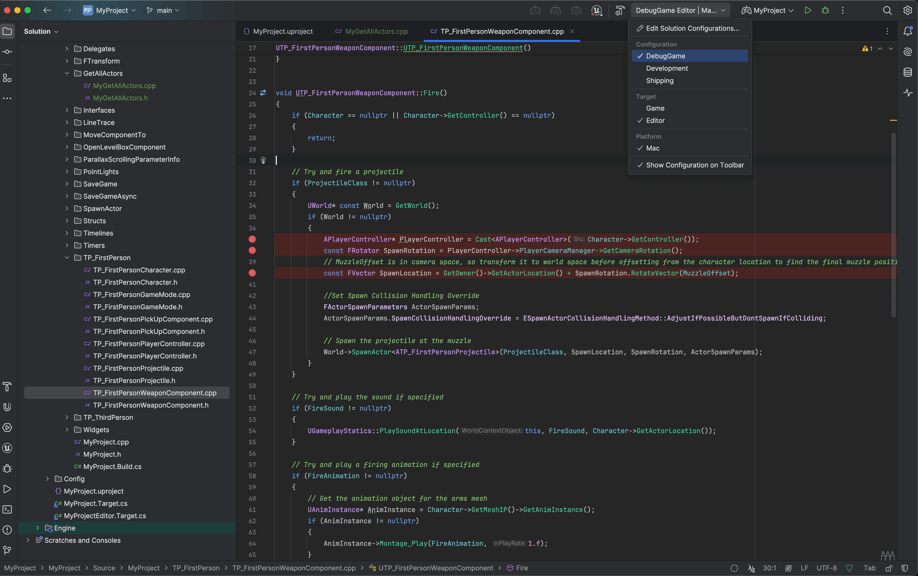 Rider IDE with DebugGame build option highlighted in the dropdown