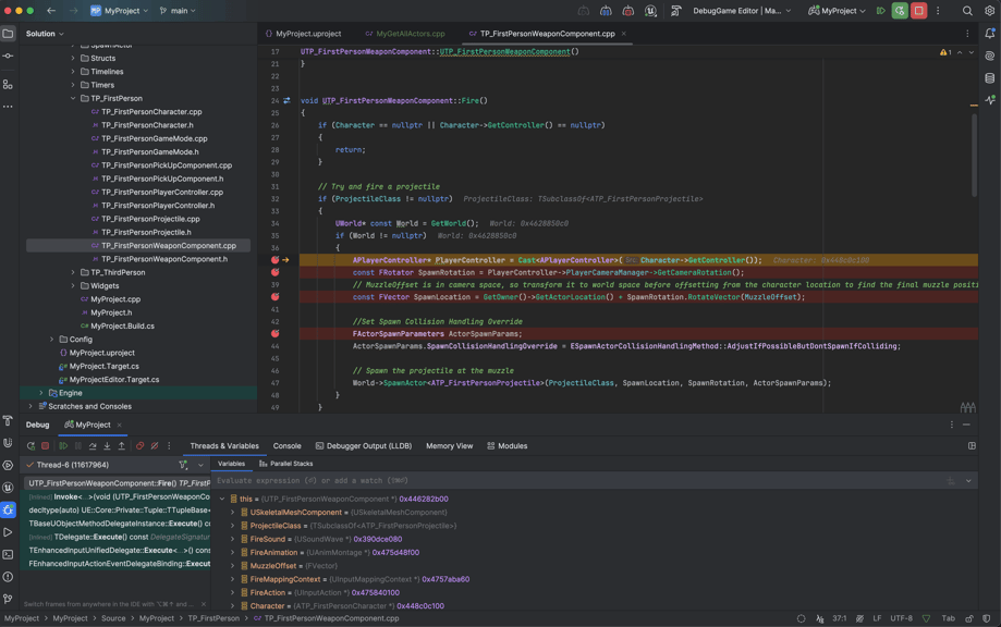 Rider IDE Unreal C++ code running in debug mode with multiple breakpoints highlighted