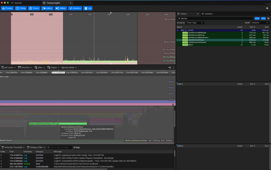 Unreal Engine 5 profiling unreal insights get all actor methods MyStat_GetAllActorsOfClass method stat highlighted