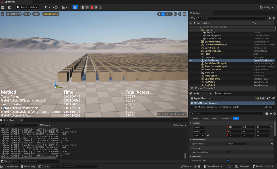 Unreal Engine 5 20000 cubes in the open world template level testing get all actor functions