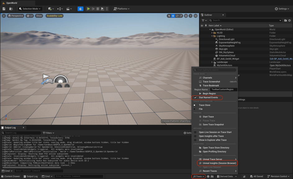 Unreal Engine 5 editor highlighting the trace menu options to enable stat events and Unreal Insights