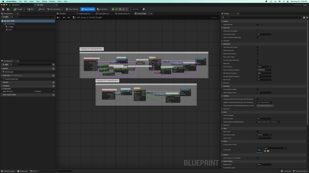 Unreal Engine 5 Blueprints for BP_Door from the Content Examples with highlighted sections