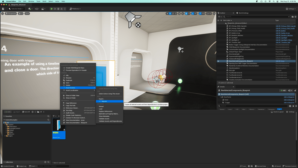 Inside Unreal Engine 5 right clicking the BP_Door blueprint with the Asset Actions and Migrate options highlighted