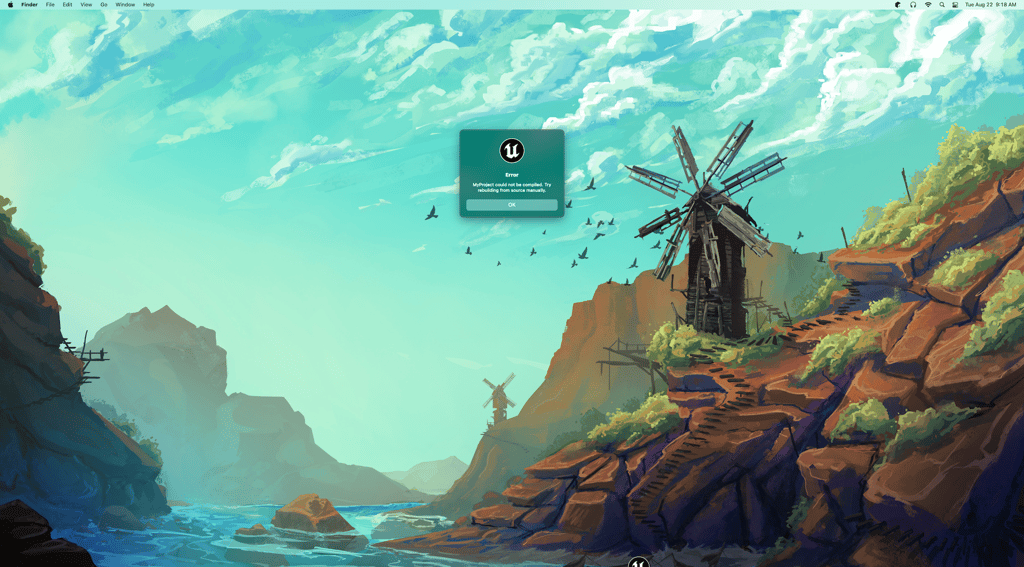 Unreal Engine 5 error on top of user's desktop indicating the project could not be compiled and the user should try to rebuild from source manually