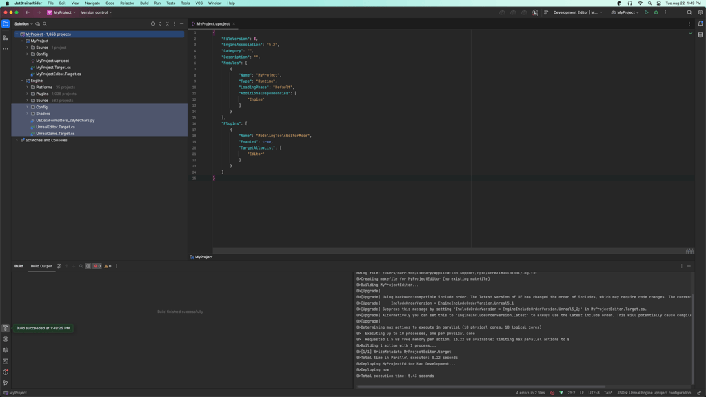 Rider IDE indicating a successful build for a Unreal Engine 5 solution