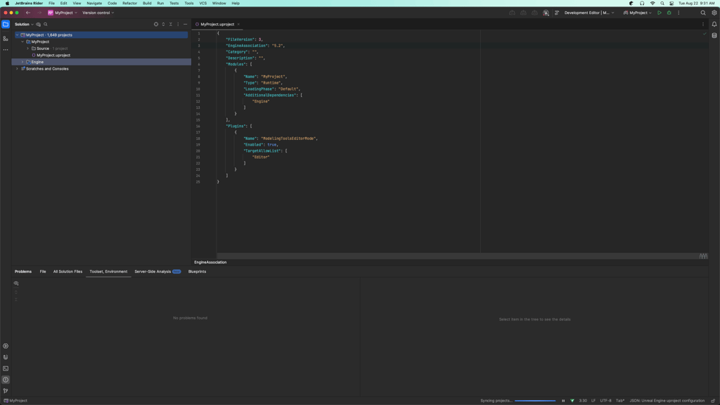 Unreal .uproject json data with the EngineAssociation field highlighted with the value of 5.2