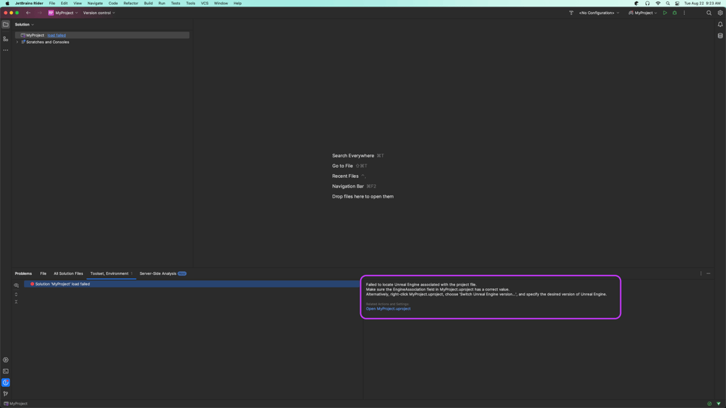 Unreal .uproject opened inside of RIder with failed load message