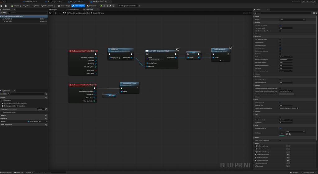 Unreal Engine 5 Blueprint event graph of BP_MyStructBoundingBox showing overlap events