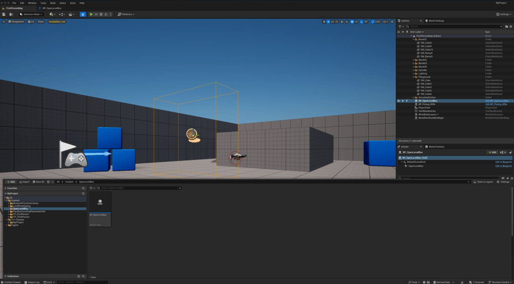 Unreal Engine 5 editor with the BP_OpenLevelBox Blueprint dragged into the map