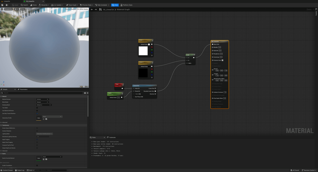 Unreal Engine 5 material using LinearSin to change colors