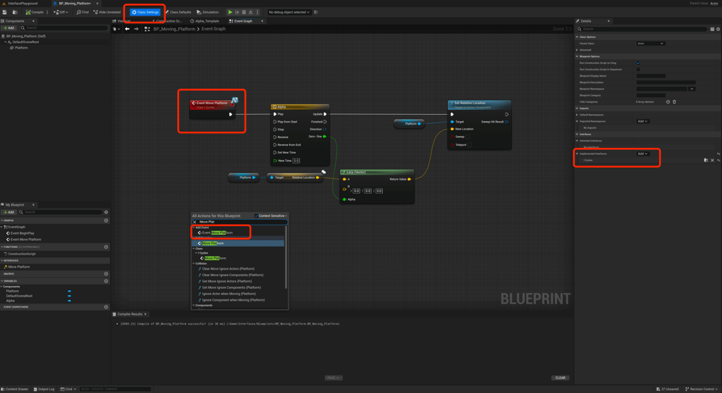 Unreal Engine 5 BP Moving Platform with class settings and interface highlighted