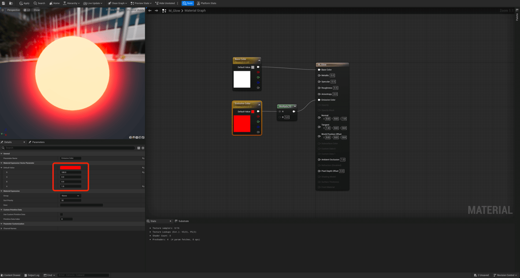 Unreal Engine 5 glowing material with the red color set to 100, 0, 0