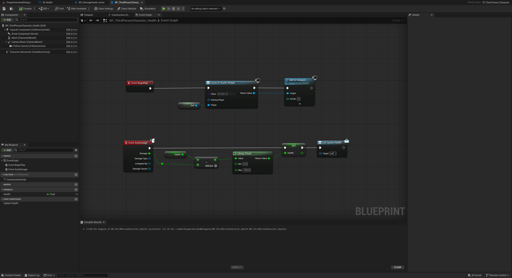 Unreal Engine 5 third person character Blueprint for event dispatcher example with AnyDamage Event that calls Update Health