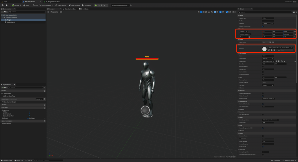 Unreal Engine 5 Blueprint viewport with updated widget component material and absolute rotation