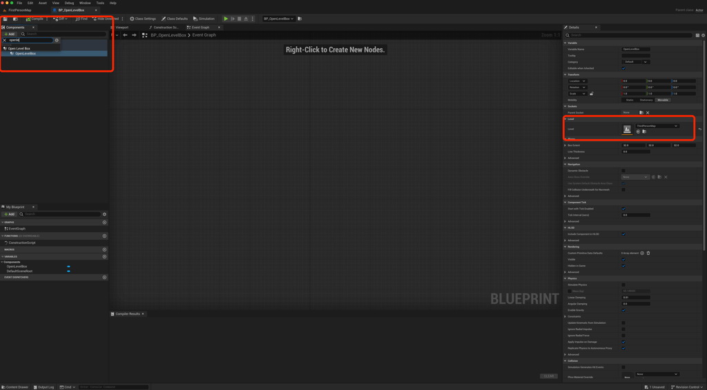 Unreal Engine 5 Blueprint adding the OpenLevelBox component and highlighting important sections