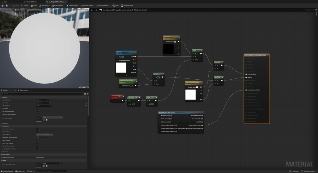 Unreal Engine 5 M_Widget3DPassThrough_Align material with AlignMeshToTheCamera node