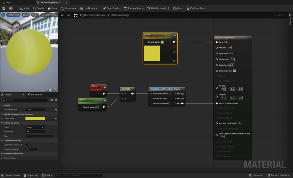 Unreal Engine 5 rotating material blueprint using RotateAboutWorldAxis_cheap