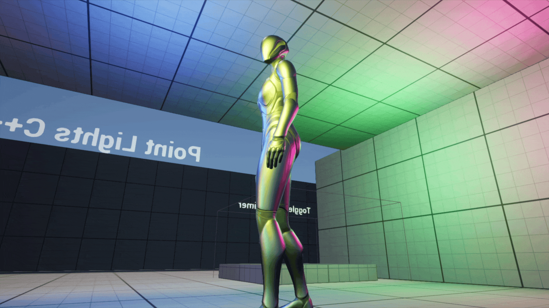 Unreal Engine 5 Quinn standing in the point light section of the gym as the lights randomly change colors