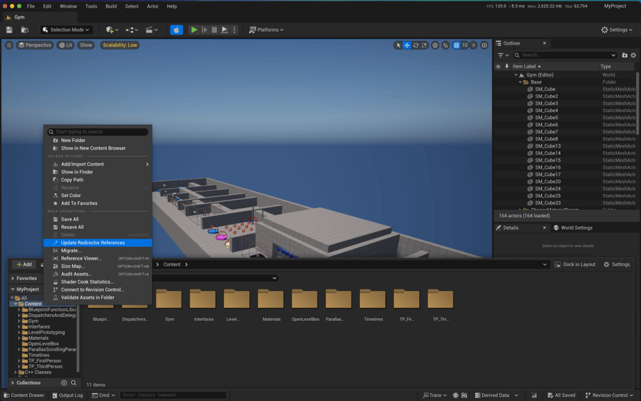 Unreal Engine 5 editor with Update Redirector References option highlighted