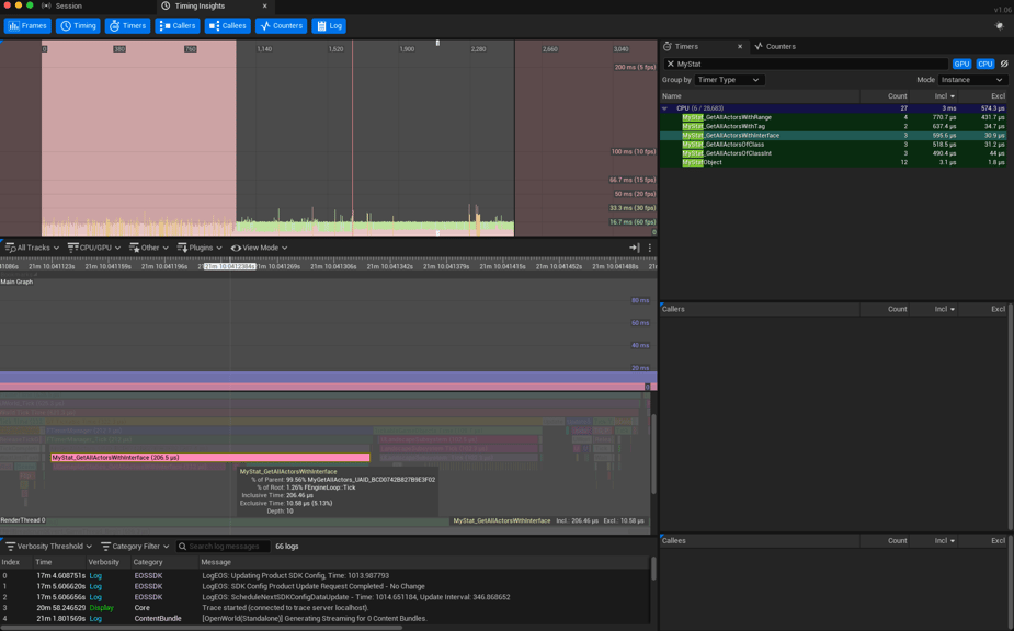 Unreal Engine 5 profiling unreal insights get all actor methods MyStat_GetAllActorsWithInterface method stat highlighted