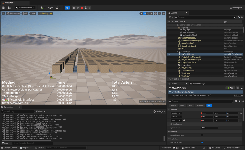 Unreal Engine 5 1000 cubes in the open world template level testing get all actor functions