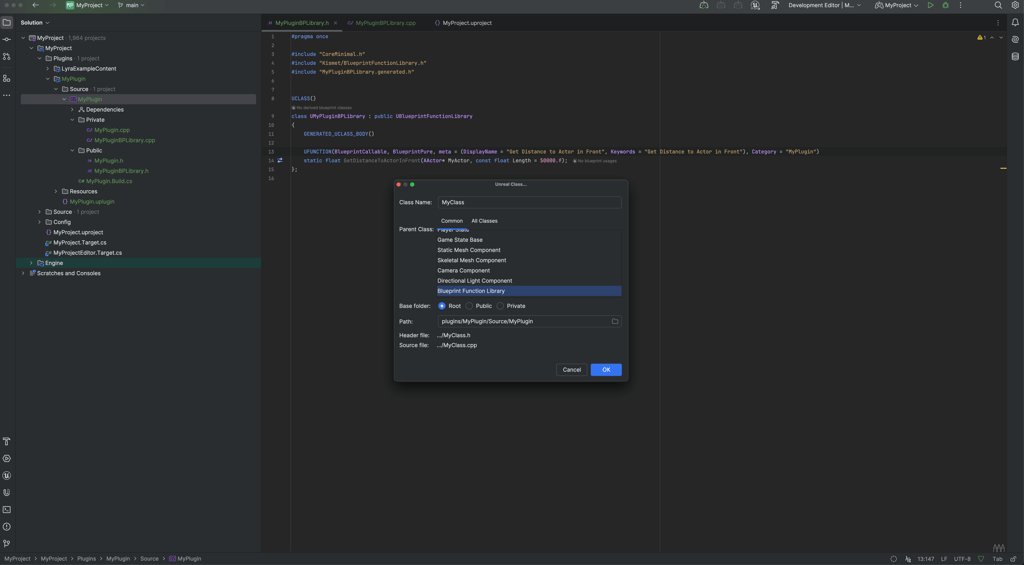 Rider IDE creating a new Blueprint Function Library Class inside MyPlugin