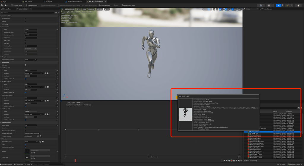 Unreal Engine 5 BS_MF_Unarmed_WalkRun Blend Space 1D Blueprint with the MF_Run_Fwd animation highlighted