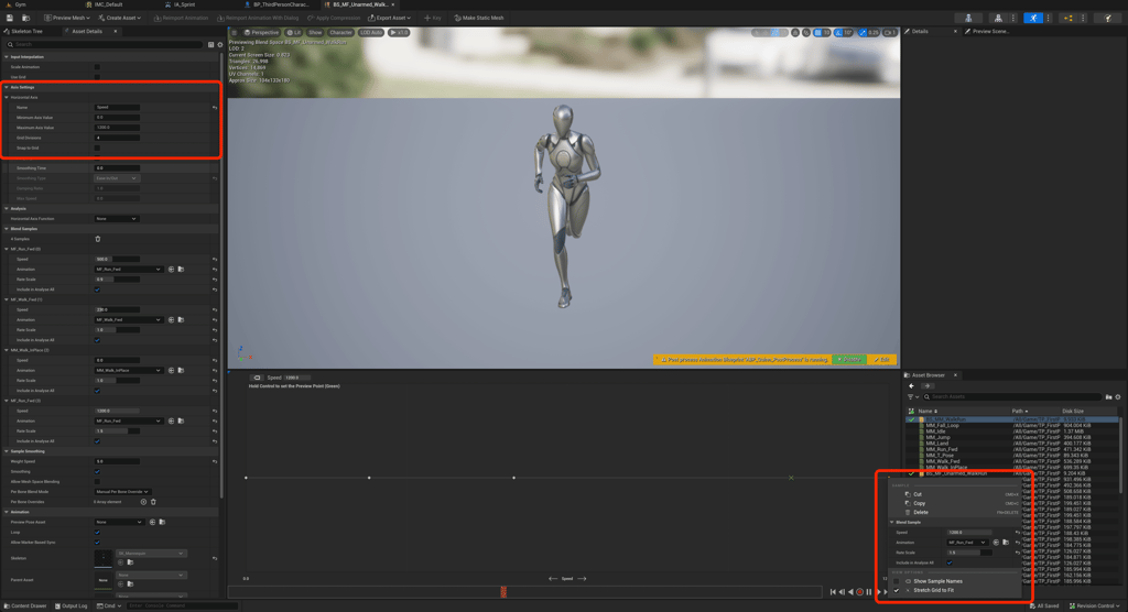 Unreal Engine 5 BS_MF_Unarmed_WalkRun Blend Space 1D Blueprint with the axis settings and the new 1200 key settings highlighted