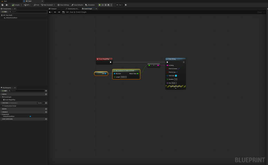 Unreal Engine 5 Blueprint using the MyPlugin pure function to get distance to actor