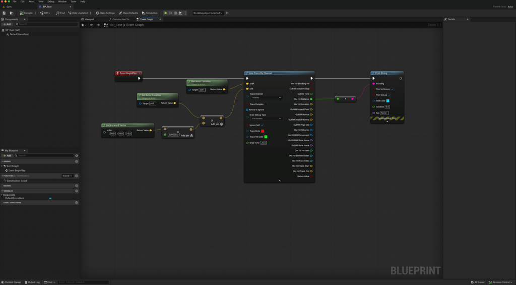 Unreal Engine 5 Blueprint inside test actor using line trace by channel to get distance to hit actor