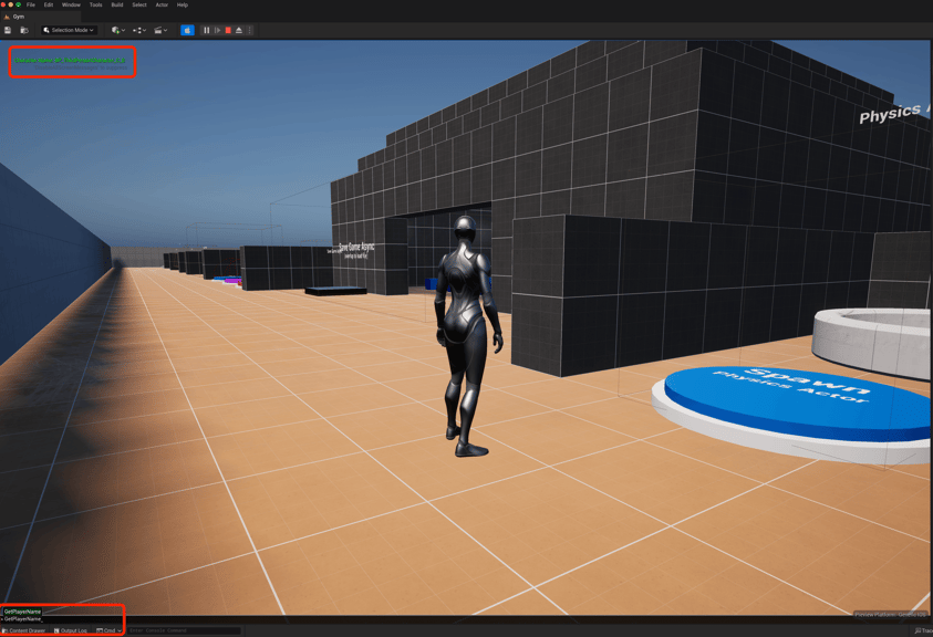 Unreal Engine 5 editor PIE Quinn standing in the gym with the GetPlayerName console command at the bottom and the output of the character name in the top left.