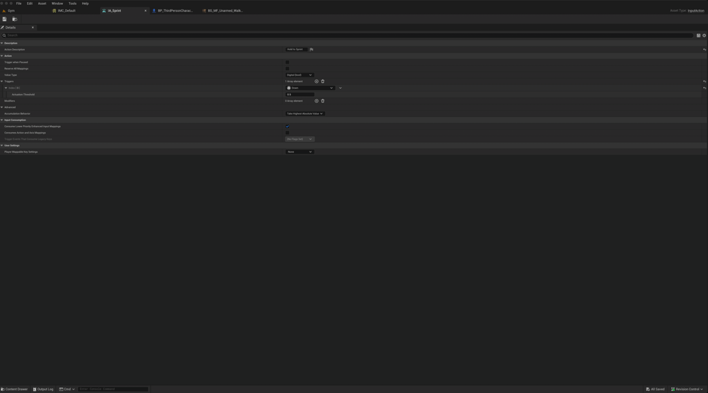 Unreal Engine 5 IA_Sprint input action configuration