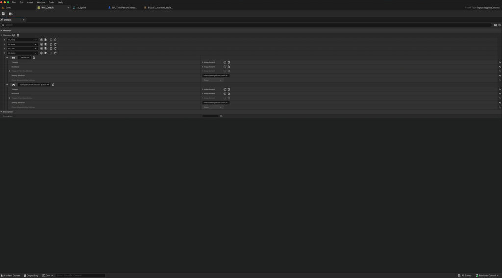 Unreal Engine 5 IMC_Default Input Mapping Context with IA_Sprint added