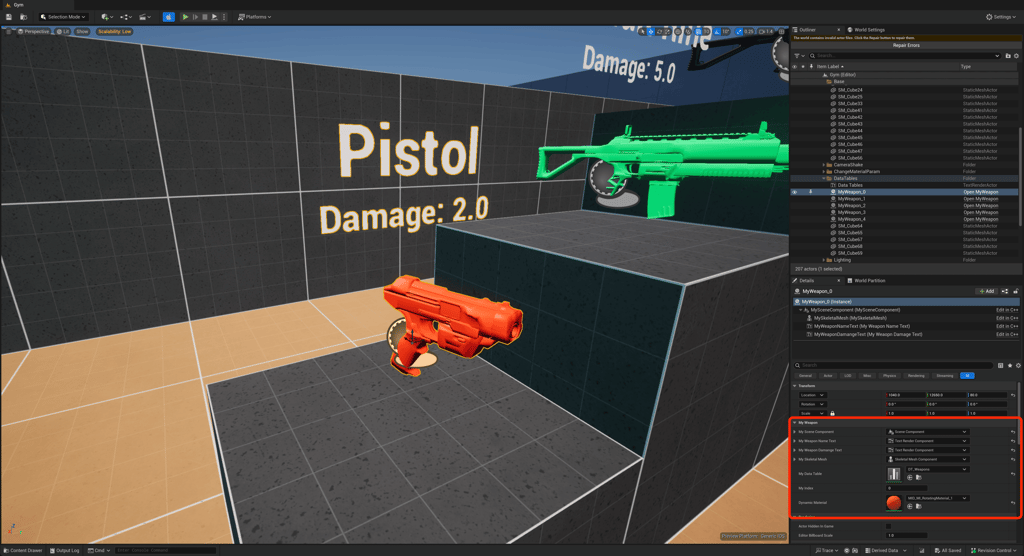 Unreal Engine 5 GD Tactics gym setting up MyWeapon actor