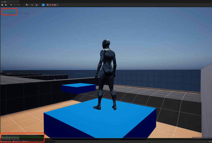 Unreal Engine 5 Quinn standing on platform running the IConsoleCommand generated in the MyCheatManager class