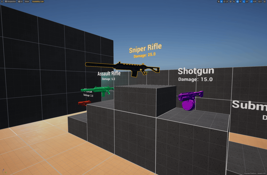 Unreal Engine 5 weapons pedestal inside the GD Tactics gym for the data table example