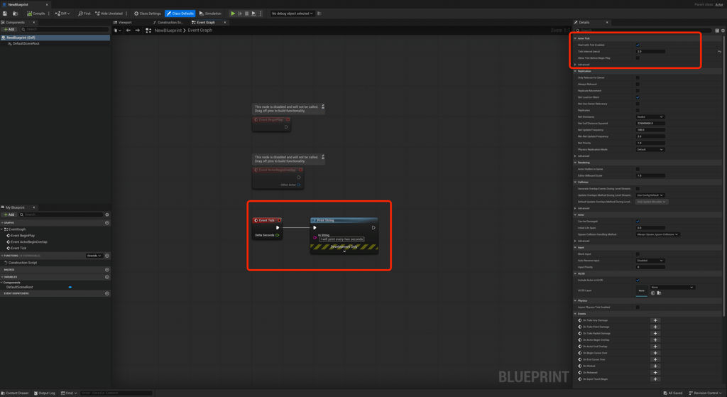 Unreal Engine Blueprint with Tick Interval printing string