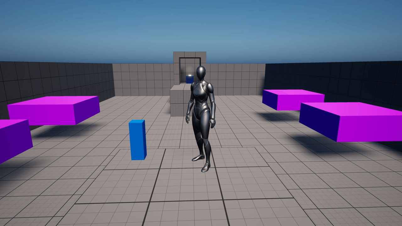 Unreal Engine 5 Quinn mannequin standing in front of moving platform demo level next to the lever