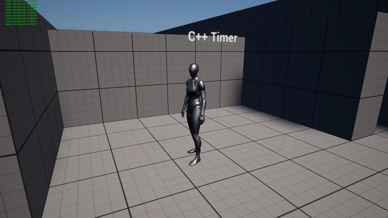 Unreal Engine 5 Quinn standing inside the C++ timer trigger box