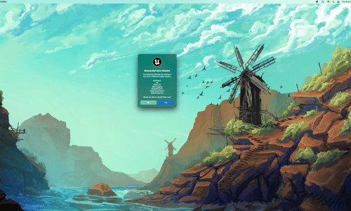 Unreal Engine 5 error on top of user's desktop indicating the project is missing files and would the user like to rebuild them now