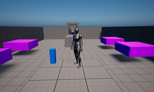 Unreal Engine 5 Quinn mannequin standing in front of moving platform demo level next to the lever