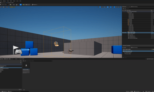 Unreal Engine 5 editor with the BP_OpenLevelBox Blueprint dragged into the map