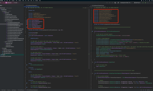 Rider TP First Person Character .h and .cpp files side by side highlighting forward declaration