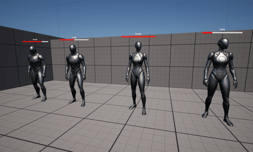 Unreal Engine 5 two Manny and two Quinn skeletal mesh blueprints standing in a line with different names and health percentages